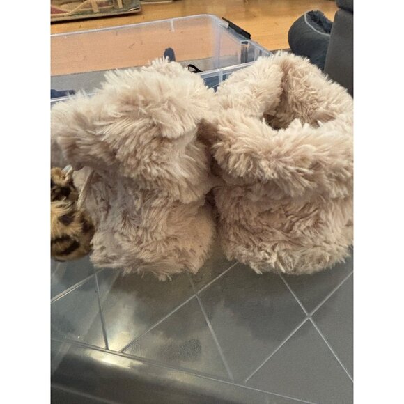 Altar'd State Fuzzy Beige Faux Fur Ankle Slippers Medium/Large Leopard Pompoms - Picture 3 of 6